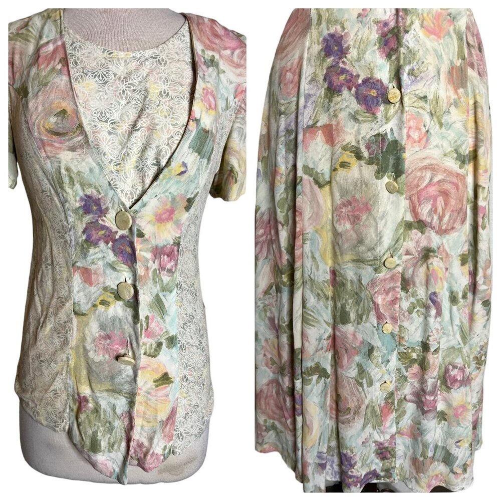 Vintage Carole Little Petites Floral Button-Front Blouse & Skirt Size 2